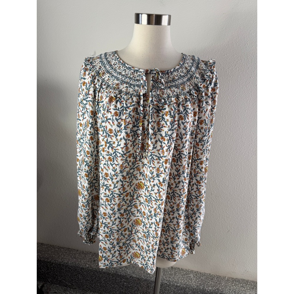 NEW Max Studio Womens Large Floral Smocked Peasant Blouse Long Sleeve Top